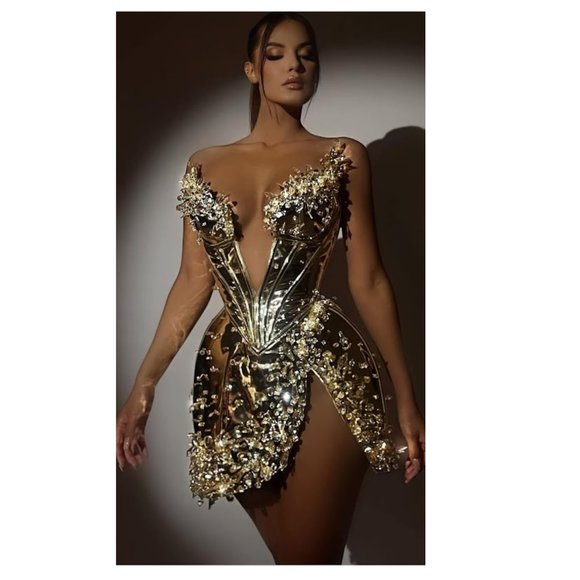 LENA BERISHA Metallic Gold Corset Couture Dress with Gemstone Detail - Picture 2 of 14